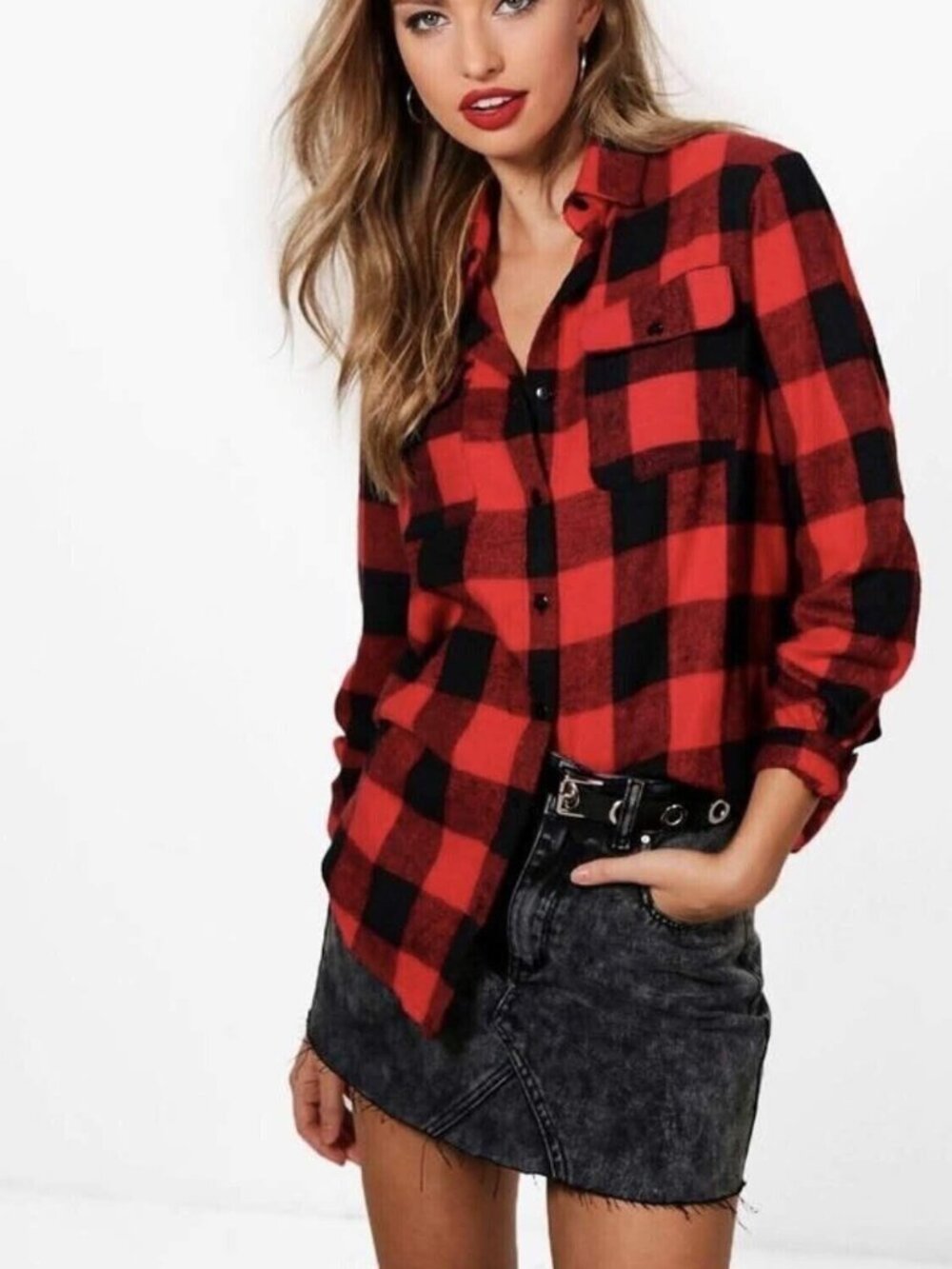 Button Down Oversized Plaid Boyfriend Shirt Top Blouse Flannel Casual US 8, M